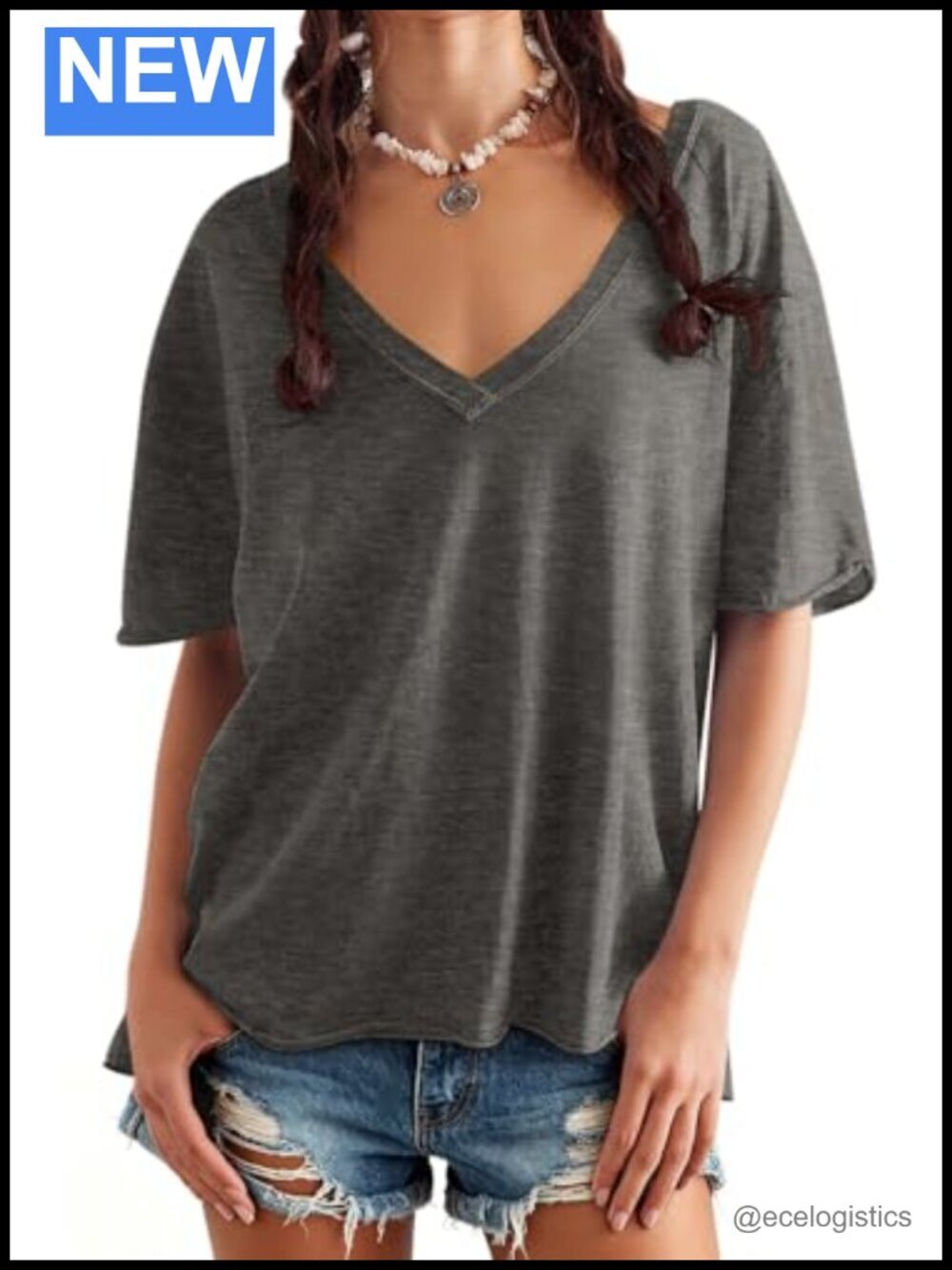 Oversized V-Neck T-Shirt Loose Fit Short Sleeve Casual Blouse Basic Tee Summer